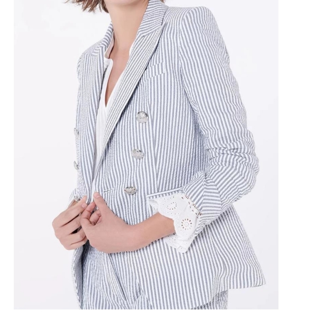VERONICA BEARD Seersucker Miller Dickey Jacket – White / Gray Sz 16